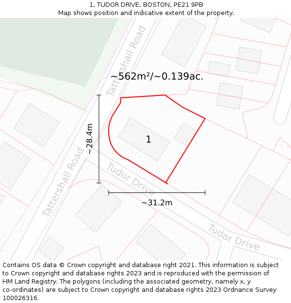 1, TUDOR DRIVE, BOSTON, PE21 9PB: Plot and title map