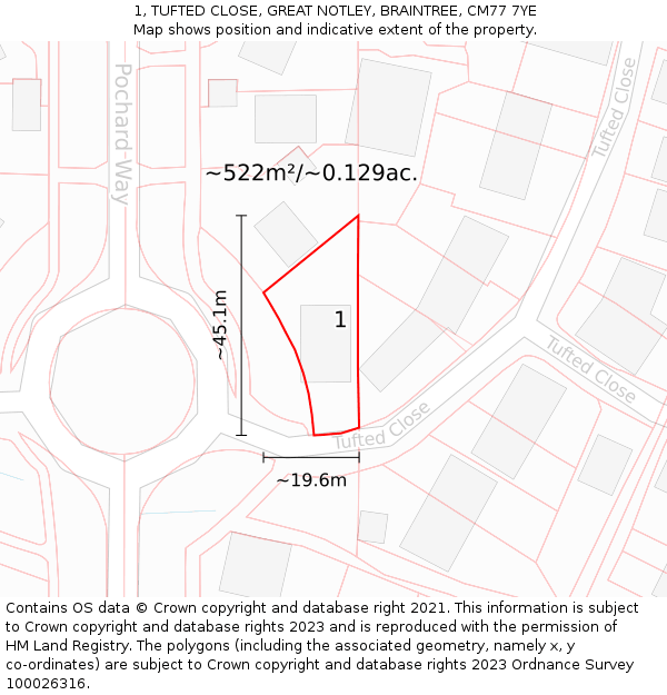 1, TUFTED CLOSE, GREAT NOTLEY, BRAINTREE, CM77 7YE: Plot and title map