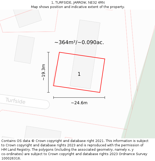 1, TURFSIDE, JARROW, NE32 4RN: Plot and title map