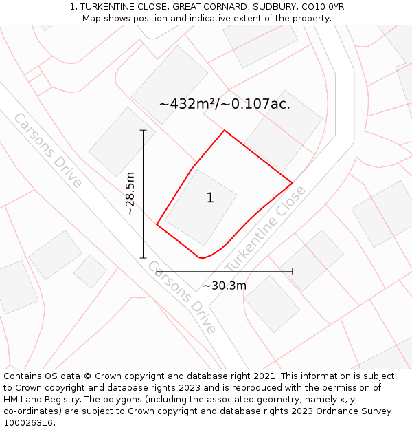 1, TURKENTINE CLOSE, GREAT CORNARD, SUDBURY, CO10 0YR: Plot and title map