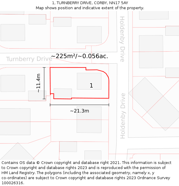 1, TURNBERRY DRIVE, CORBY, NN17 5AY: Plot and title map