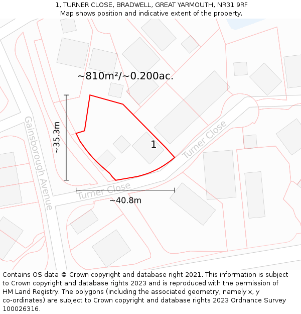 1, TURNER CLOSE, BRADWELL, GREAT YARMOUTH, NR31 9RF: Plot and title map