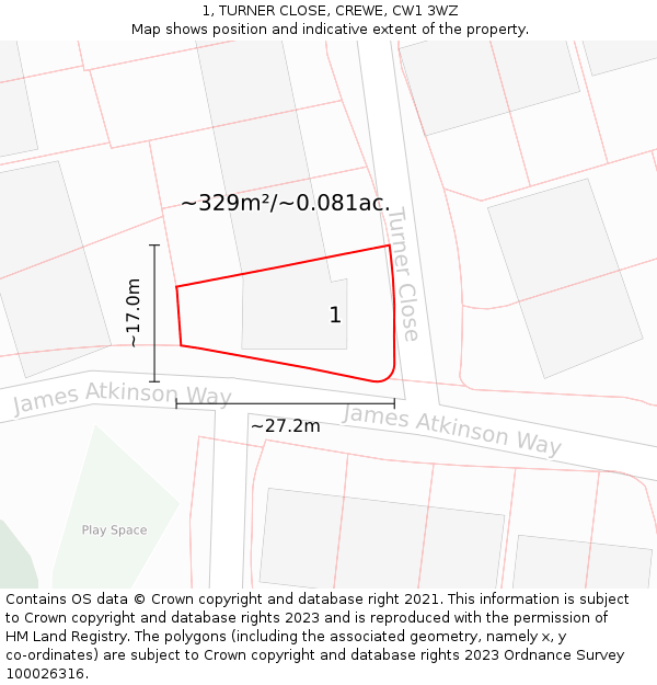 1, TURNER CLOSE, CREWE, CW1 3WZ: Plot and title map