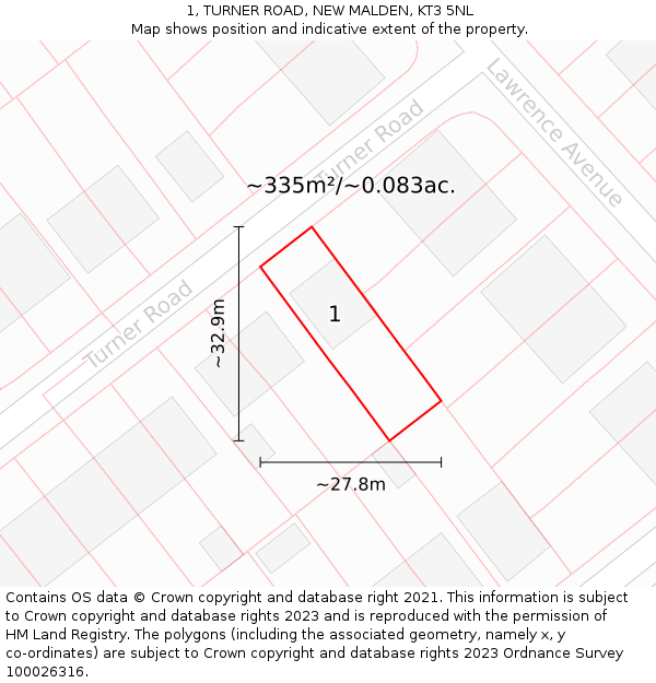 1, TURNER ROAD, NEW MALDEN, KT3 5NL: Plot and title map