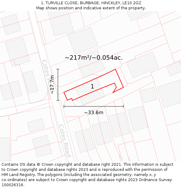 1, TURVILLE CLOSE, BURBAGE, HINCKLEY, LE10 2GZ: Plot and title map