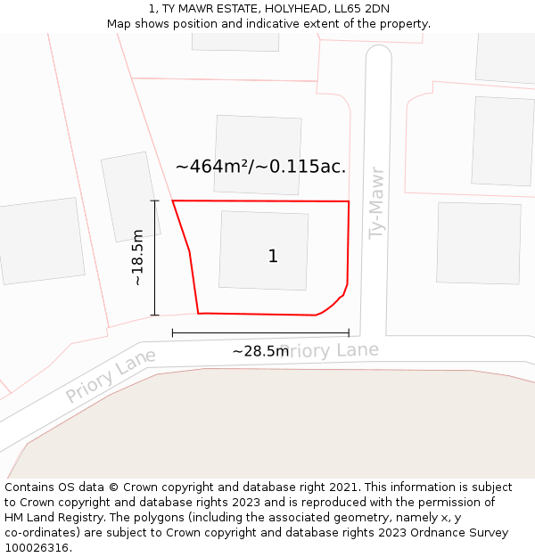 1, TY MAWR ESTATE, HOLYHEAD, LL65 2DN: Plot and title map