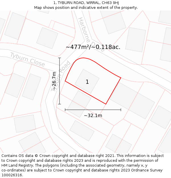 1, TYBURN ROAD, WIRRAL, CH63 9HJ: Plot and title map