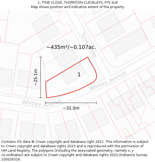 1, TYNE CLOSE, THORNTON-CLEVELEYS, FY5 2LW: Plot and title map