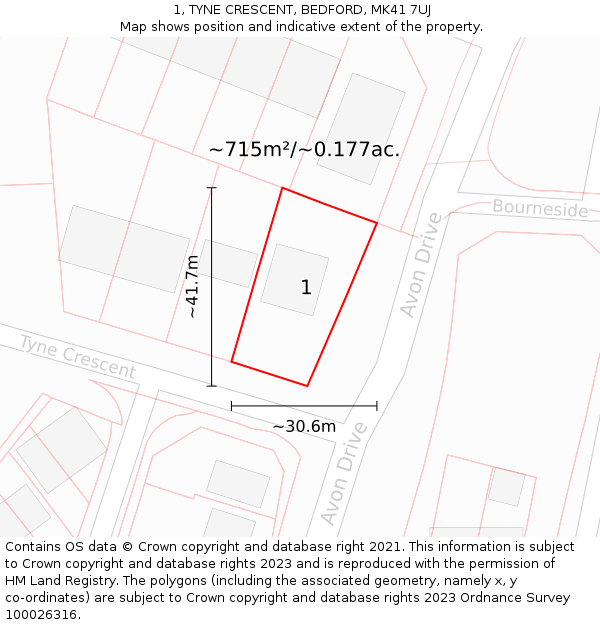 1, TYNE CRESCENT, BEDFORD, MK41 7UJ: Plot and title map