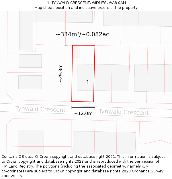 1, TYNWALD CRESCENT, WIDNES, WA8 9AN: Plot and title map