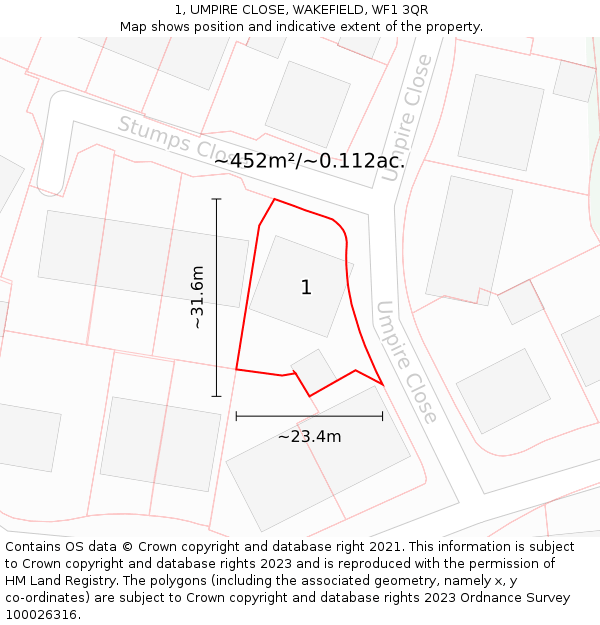 1, UMPIRE CLOSE, WAKEFIELD, WF1 3QR: Plot and title map