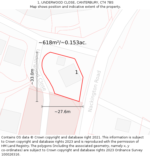 1, UNDERWOOD CLOSE, CANTERBURY, CT4 7BS: Plot and title map