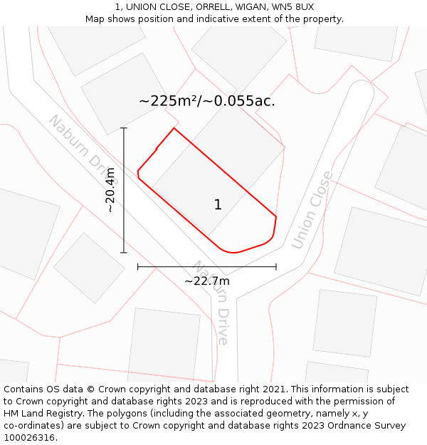 1, UNION CLOSE, ORRELL, WIGAN, WN5 8UX: Plot and title map