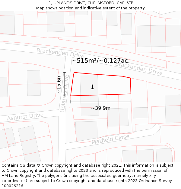 1, UPLANDS DRIVE, CHELMSFORD, CM1 6TR: Plot and title map