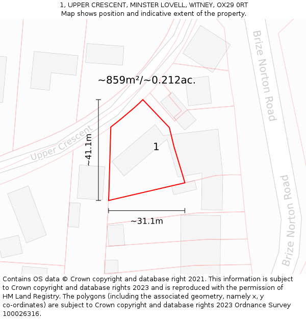1, UPPER CRESCENT, MINSTER LOVELL, WITNEY, OX29 0RT: Plot and title map