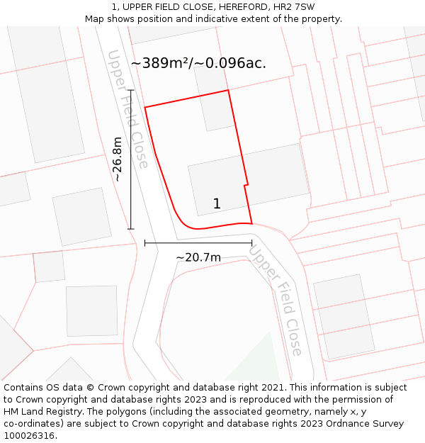 1, UPPER FIELD CLOSE, HEREFORD, HR2 7SW: Plot and title map