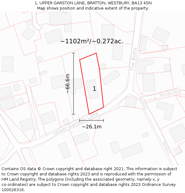 1, UPPER GARSTON LANE, BRATTON, WESTBURY, BA13 4SN: Plot and title map