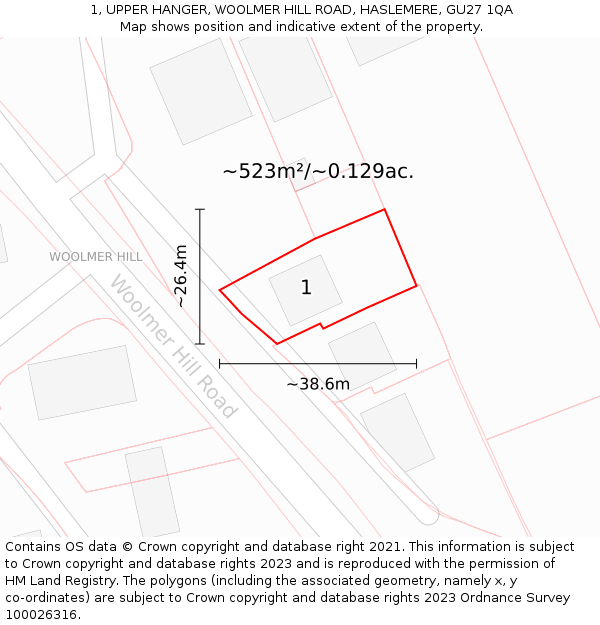 1, UPPER HANGER, WOOLMER HILL ROAD, HASLEMERE, GU27 1QA: Plot and title map