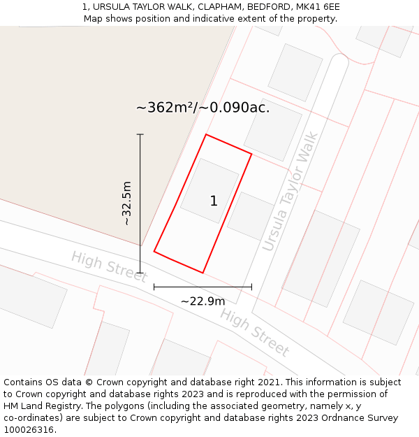 1, URSULA TAYLOR WALK, CLAPHAM, BEDFORD, MK41 6EE: Plot and title map