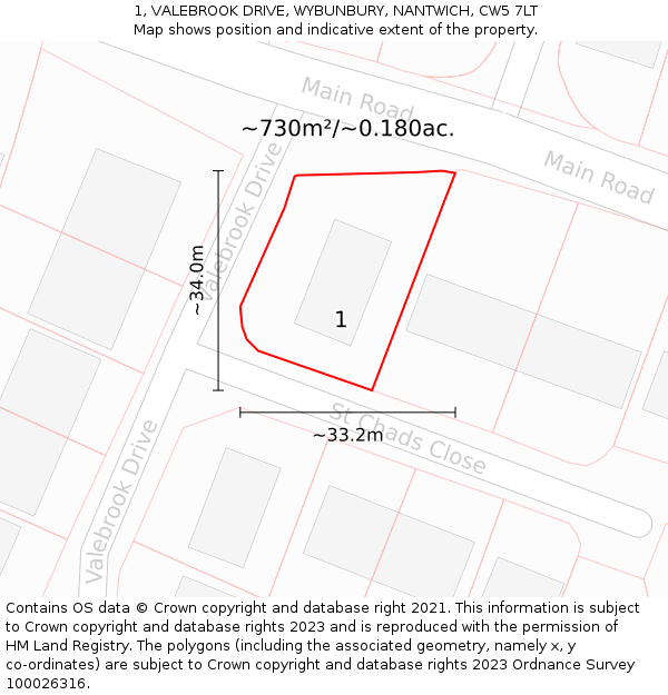 1, VALEBROOK DRIVE, WYBUNBURY, NANTWICH, CW5 7LT: Plot and title map