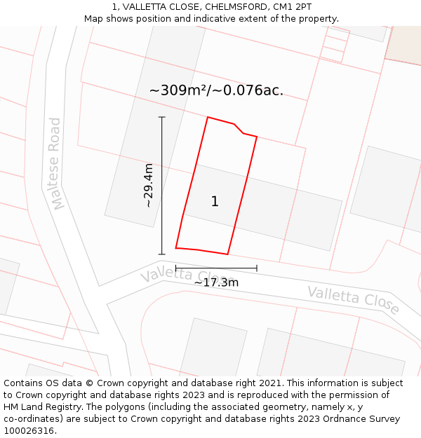 1, VALLETTA CLOSE, CHELMSFORD, CM1 2PT: Plot and title map