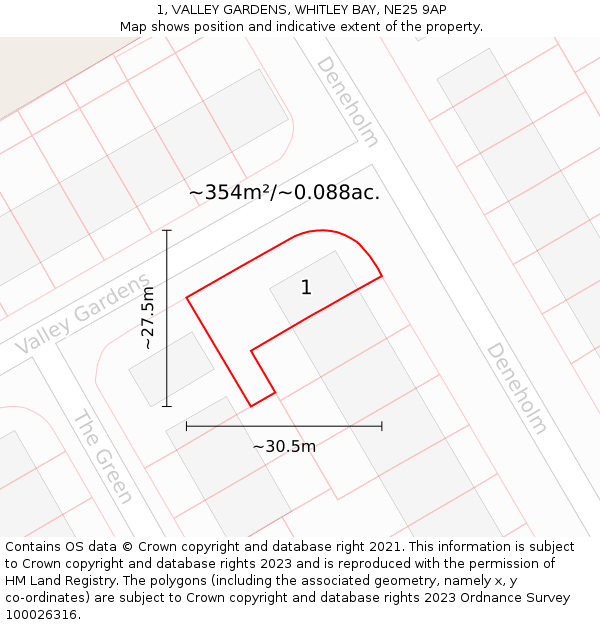 1, VALLEY GARDENS, WHITLEY BAY, NE25 9AP: Plot and title map