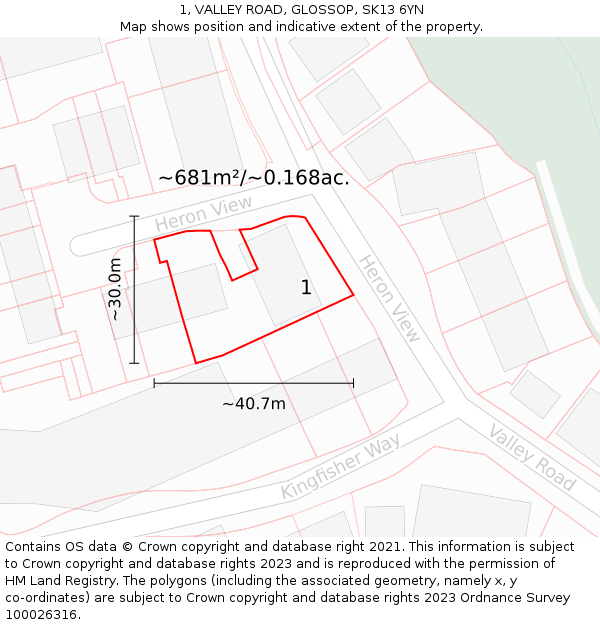 1, VALLEY ROAD, GLOSSOP, SK13 6YN: Plot and title map