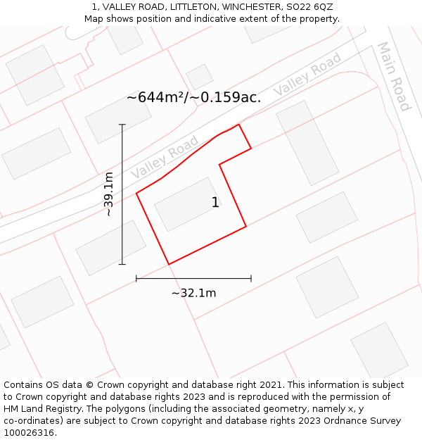 1, VALLEY ROAD, LITTLETON, WINCHESTER, SO22 6QZ: Plot and title map