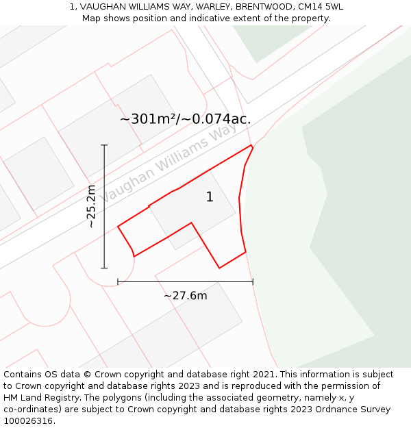 1, VAUGHAN WILLIAMS WAY, WARLEY, BRENTWOOD, CM14 5WL: Plot and title map