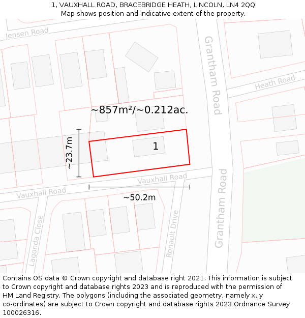 1, VAUXHALL ROAD, BRACEBRIDGE HEATH, LINCOLN, LN4 2QQ: Plot and title map