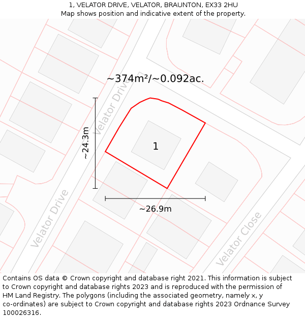 1, VELATOR DRIVE, VELATOR, BRAUNTON, EX33 2HU: Plot and title map