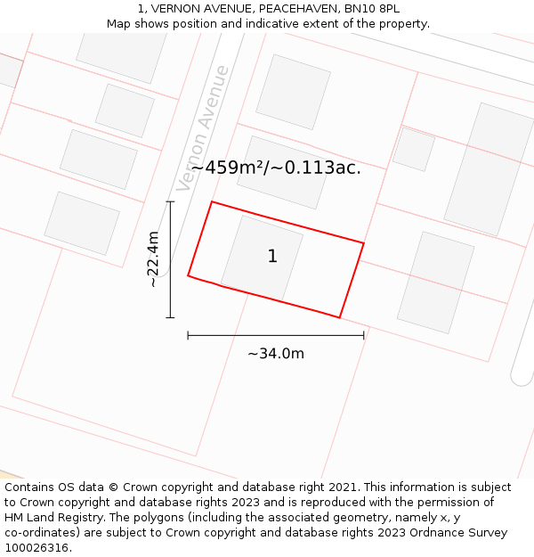 1, VERNON AVENUE, PEACEHAVEN, BN10 8PL: Plot and title map