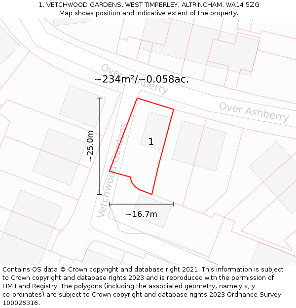 1, VETCHWOOD GARDENS, WEST TIMPERLEY, ALTRINCHAM, WA14 5ZG: Plot and title map