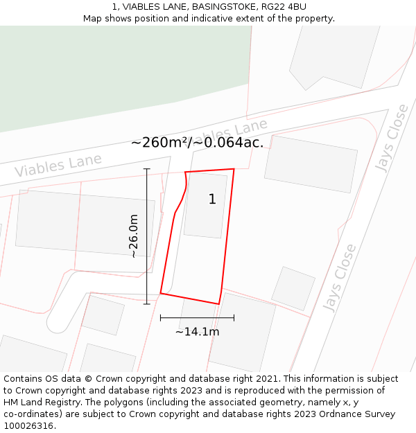 1, VIABLES LANE, BASINGSTOKE, RG22 4BU: Plot and title map