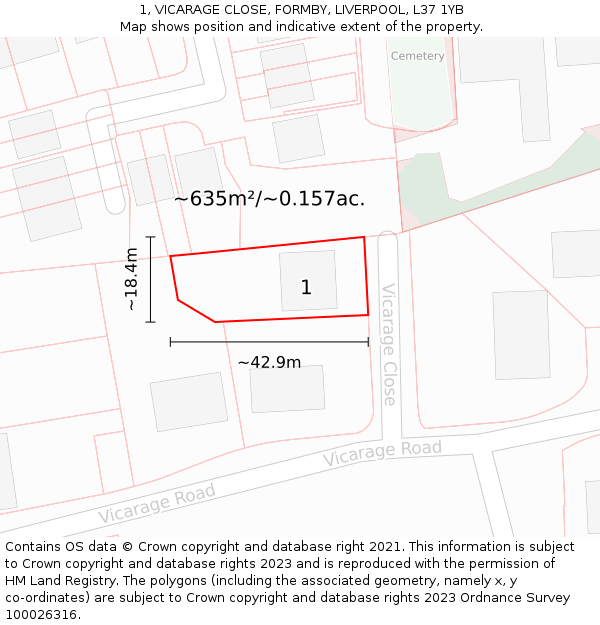 1, VICARAGE CLOSE, FORMBY, LIVERPOOL, L37 1YB: Plot and title map