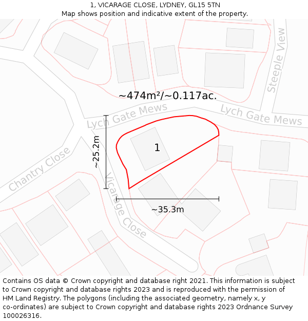 1, VICARAGE CLOSE, LYDNEY, GL15 5TN: Plot and title map