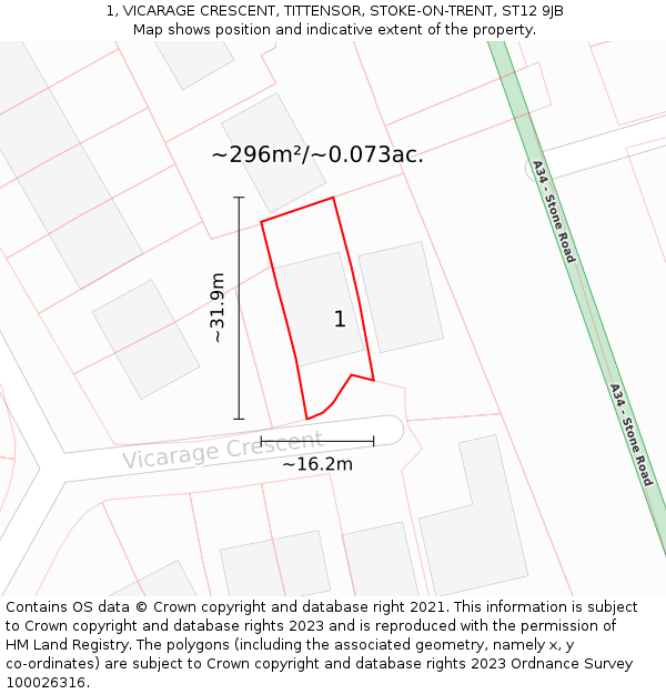 1, VICARAGE CRESCENT, TITTENSOR, STOKE-ON-TRENT, ST12 9JB: Plot and title map