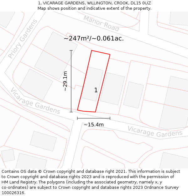 1, VICARAGE GARDENS, WILLINGTON, CROOK, DL15 0UZ: Plot and title map