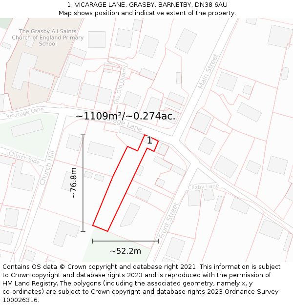 1, VICARAGE LANE, GRASBY, BARNETBY, DN38 6AU: Plot and title map