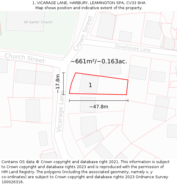 1, VICARAGE LANE, HARBURY, LEAMINGTON SPA, CV33 9HA: Plot and title map