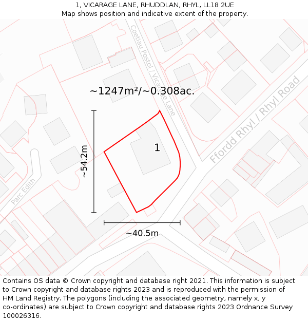 1, VICARAGE LANE, RHUDDLAN, RHYL, LL18 2UE: Plot and title map