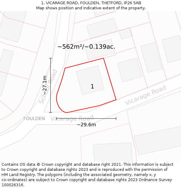 1, VICARAGE ROAD, FOULDEN, THETFORD, IP26 5AB: Plot and title map