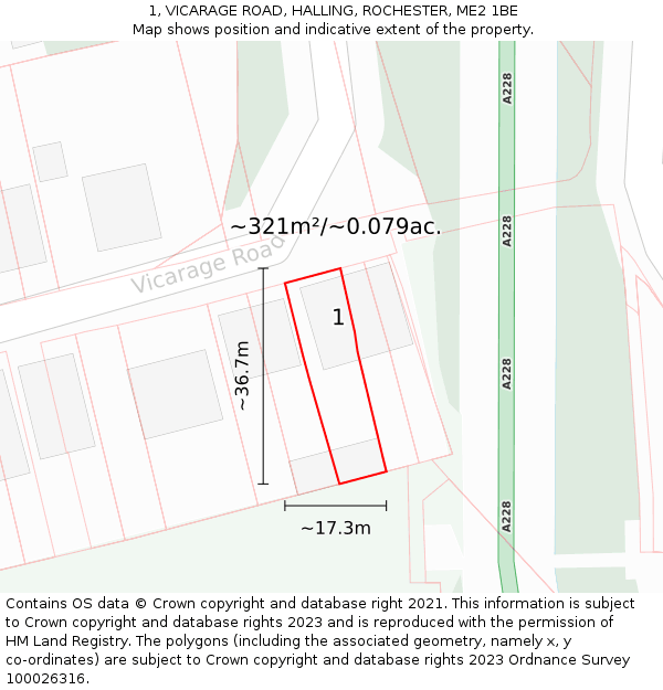 1, VICARAGE ROAD, HALLING, ROCHESTER, ME2 1BE: Plot and title map