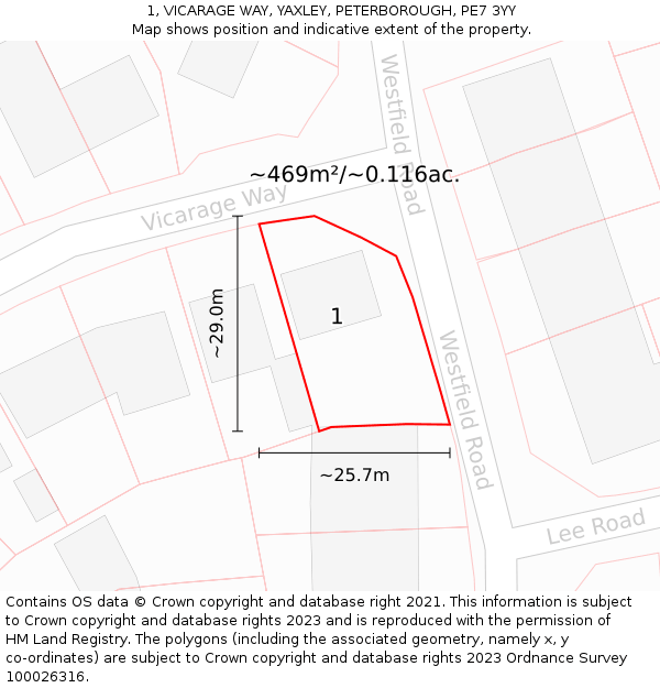 1, VICARAGE WAY, YAXLEY, PETERBOROUGH, PE7 3YY: Plot and title map