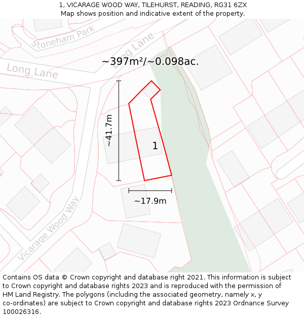 1, VICARAGE WOOD WAY, TILEHURST, READING, RG31 6ZX: Plot and title map