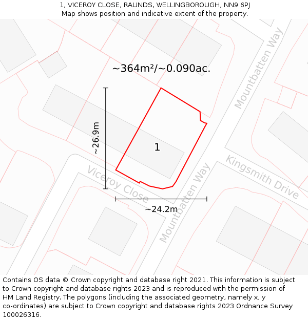 1, VICEROY CLOSE, RAUNDS, WELLINGBOROUGH, NN9 6PJ: Plot and title map