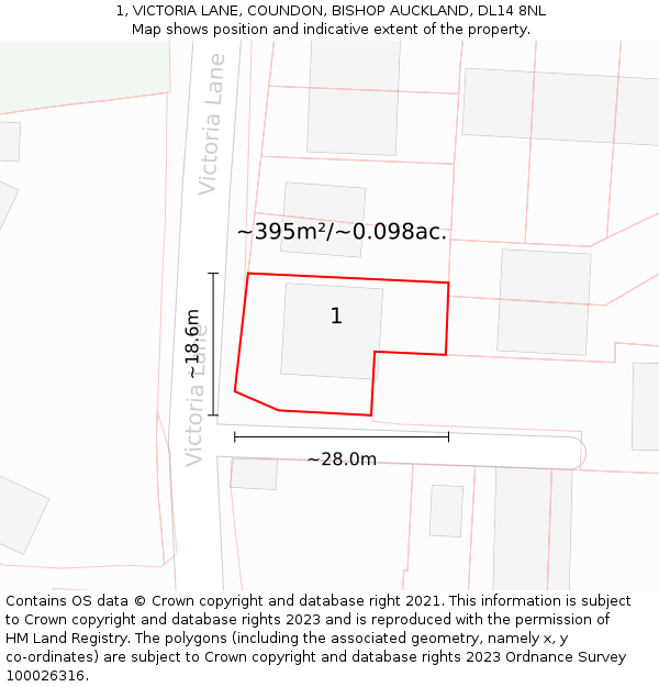 1, VICTORIA LANE, COUNDON, BISHOP AUCKLAND, DL14 8NL: Plot and title map
