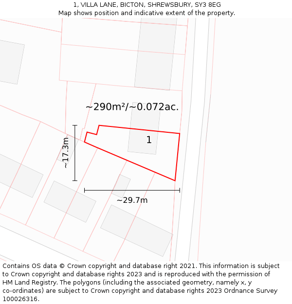 1, VILLA LANE, BICTON, SHREWSBURY, SY3 8EG: Plot and title map