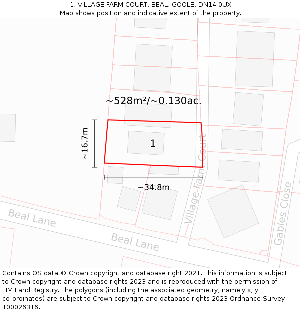 1, VILLAGE FARM COURT, BEAL, GOOLE, DN14 0UX: Plot and title map