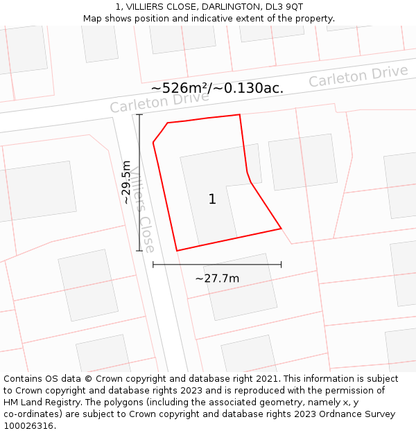 1, VILLIERS CLOSE, DARLINGTON, DL3 9QT: Plot and title map